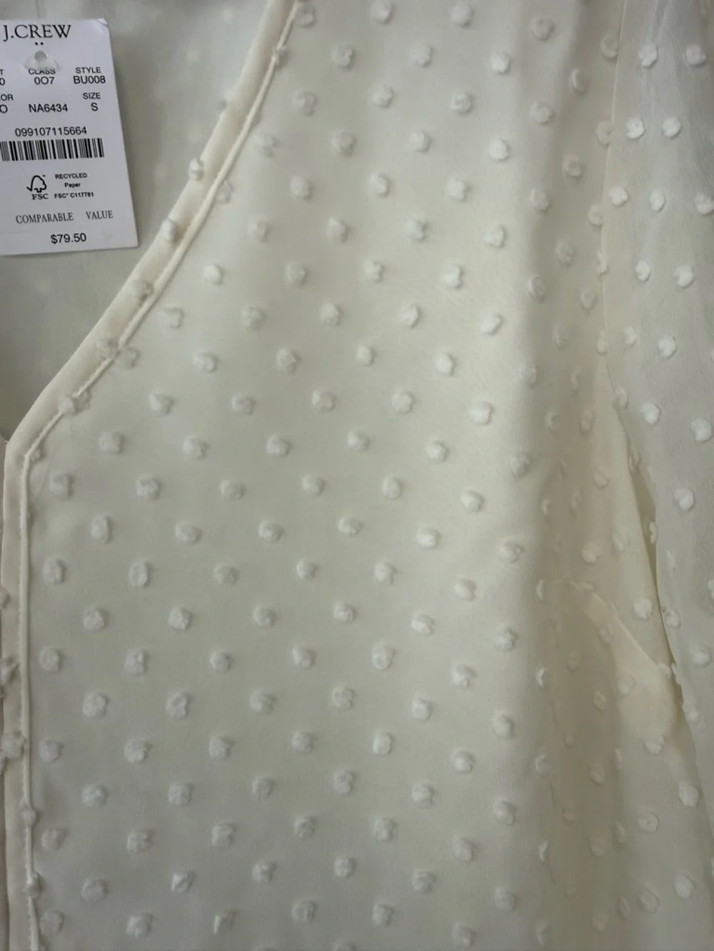J. Crew NWT Ivory Swiss Dot V-Neck Long Sleeve Blouse. Flowy and Feminine.